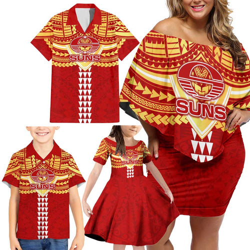 Personalized Gold Coast Suns Family Matching Off Shoulder Short Dress and Hawaiian Shirt Polynesian Tribal Pattern Heritage Football