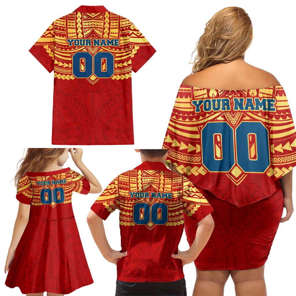 Personalized Gold Coast Suns Family Matching Off Shoulder Short Dress and Hawaiian Shirt Polynesian Tribal Pattern Heritage Football
