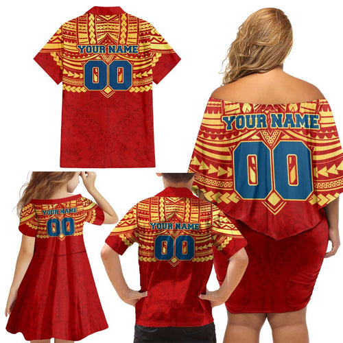 Personalized Gold Coast Suns Family Matching Off Shoulder Short Dress and Hawaiian Shirt Polynesian Tribal Pattern Heritage Football