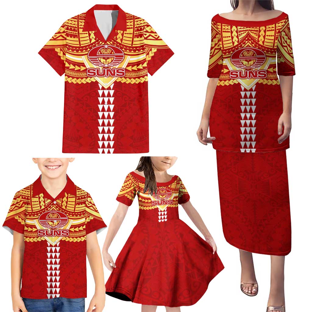 Personalized Gold Coast Suns Family Matching Puletasi and Hawaiian Shirt Polynesian Tribal Pattern Heritage Football