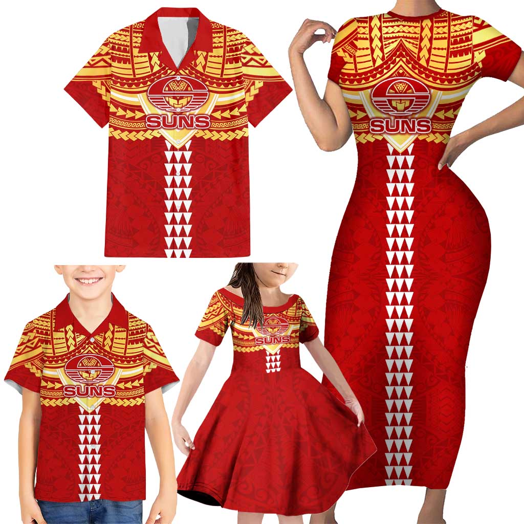 Personalized Gold Coast Suns Family Matching Short Sleeve Bodycon Dress and Hawaiian Shirt Polynesian Tribal Pattern Heritage Football