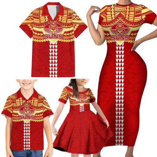 Personalized Gold Coast Suns Family Matching Short Sleeve Bodycon Dress and Hawaiian Shirt Polynesian Tribal Pattern Heritage Football