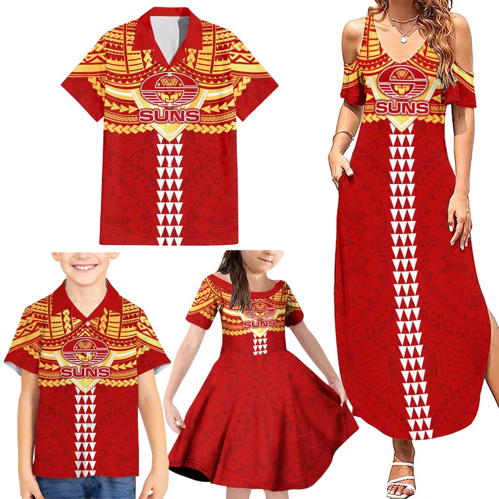 Personalized Gold Coast Suns Family Matching Summer Maxi Dress and Hawaiian Shirt Polynesian Tribal Pattern Heritage Football