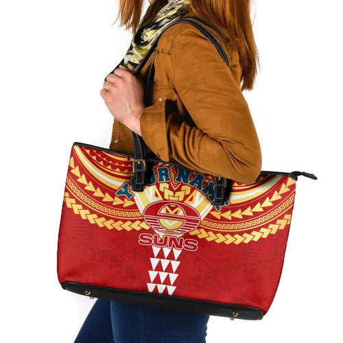 Personalized Gold Coast Suns Leather Tote Bag Polynesian Tribal Pattern Heritage Football