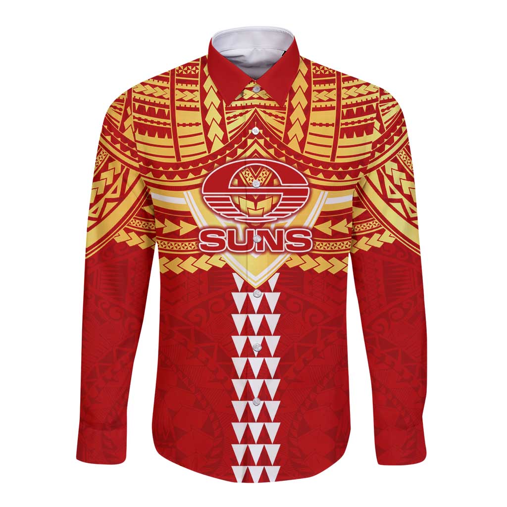 Personalized Gold Coast Suns Long Sleeve Button Shirt Polynesian Tribal Pattern Heritage Football
