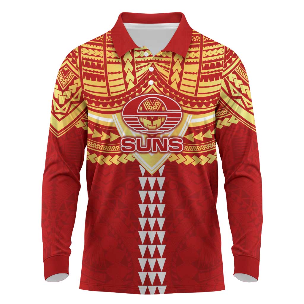 Personalized Gold Coast Suns Long Sleeve Polo Shirt Polynesian Tribal Pattern Heritage Football