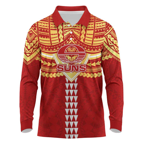 Personalized Gold Coast Suns Long Sleeve Polo Shirt Polynesian Tribal Pattern Heritage Football
