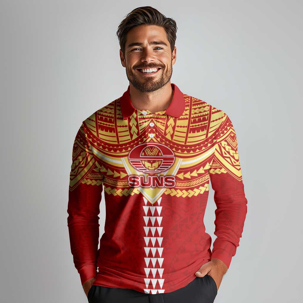 Personalized Gold Coast Suns Long Sleeve Polo Shirt Polynesian Tribal Pattern Heritage Football