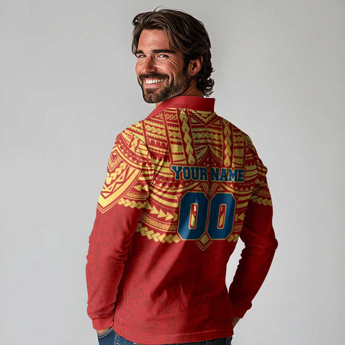 Personalized Gold Coast Suns Long Sleeve Polo Shirt Polynesian Tribal Pattern Heritage Football