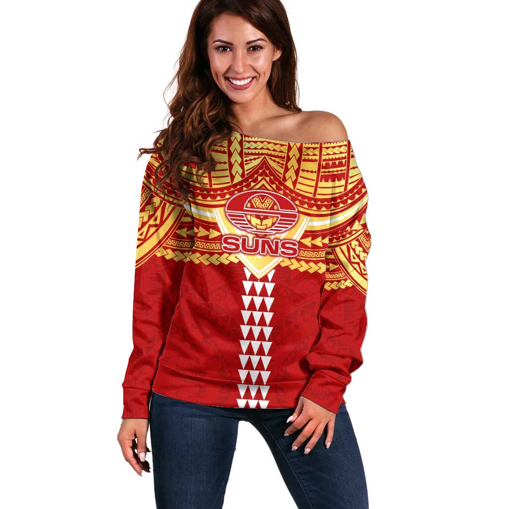 Personalized Gold Coast Suns Off Shoulder Sweater Polynesian Tribal Pattern Heritage Football
