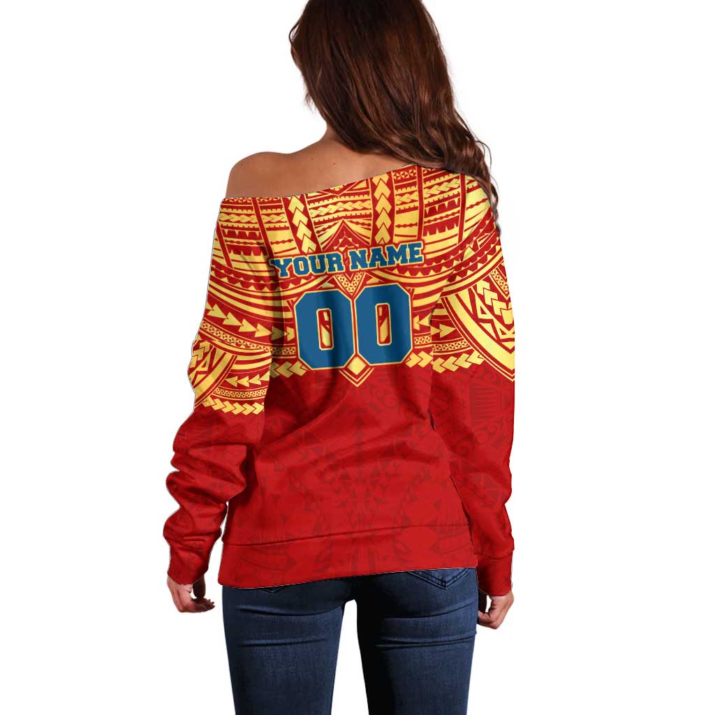 Personalized Gold Coast Suns Off Shoulder Sweater Polynesian Tribal Pattern Heritage Football