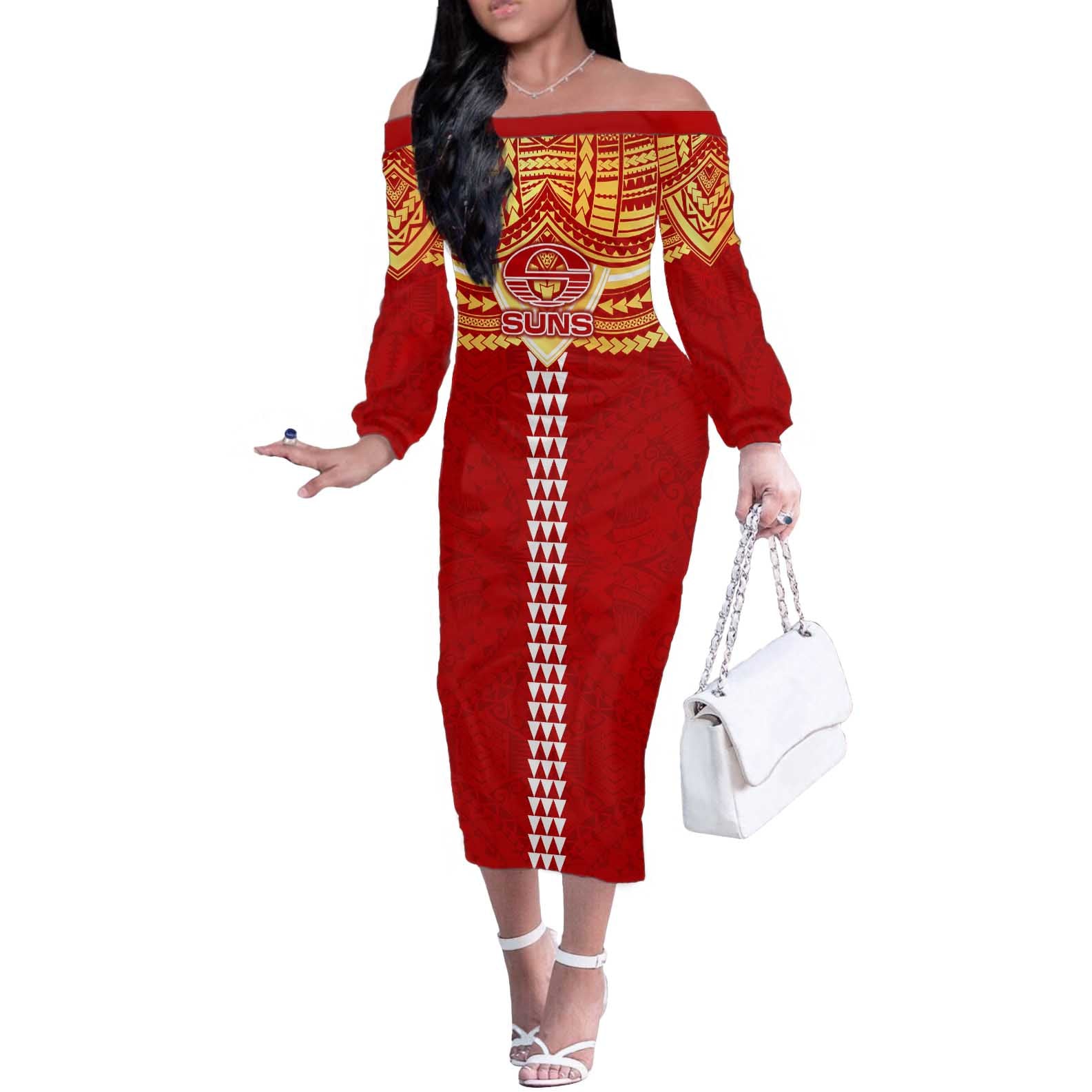 Personalized Gold Coast Suns Off The Shoulder Long Sleeve Dress Polynesian Tribal Pattern Heritage Football