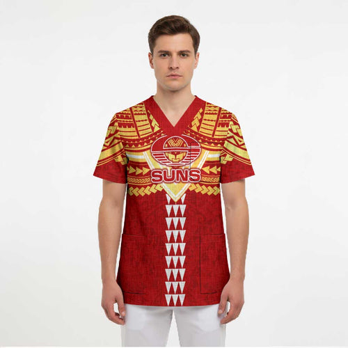 Personalized Gold Coast Suns Scrub Top Polynesian Tribal Pattern Heritage Football