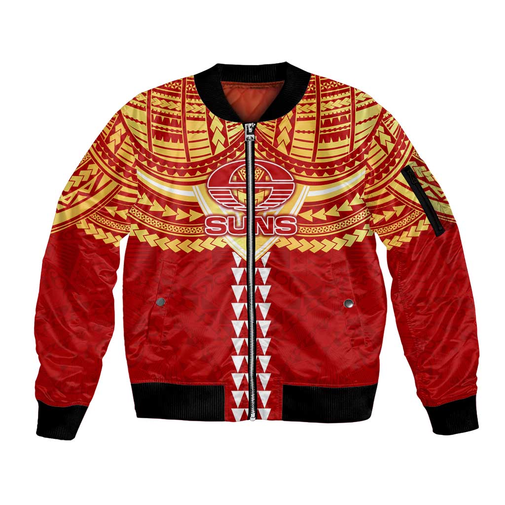 Personalized Gold Coast Suns Sleeve Zip Bomber Jacket Polynesian Tribal Pattern Heritage Football