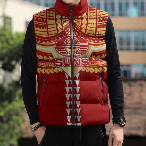 Personalized Gold Coast Suns Sleeveless Puffer Jacket Polynesian Tribal Pattern Heritage Football