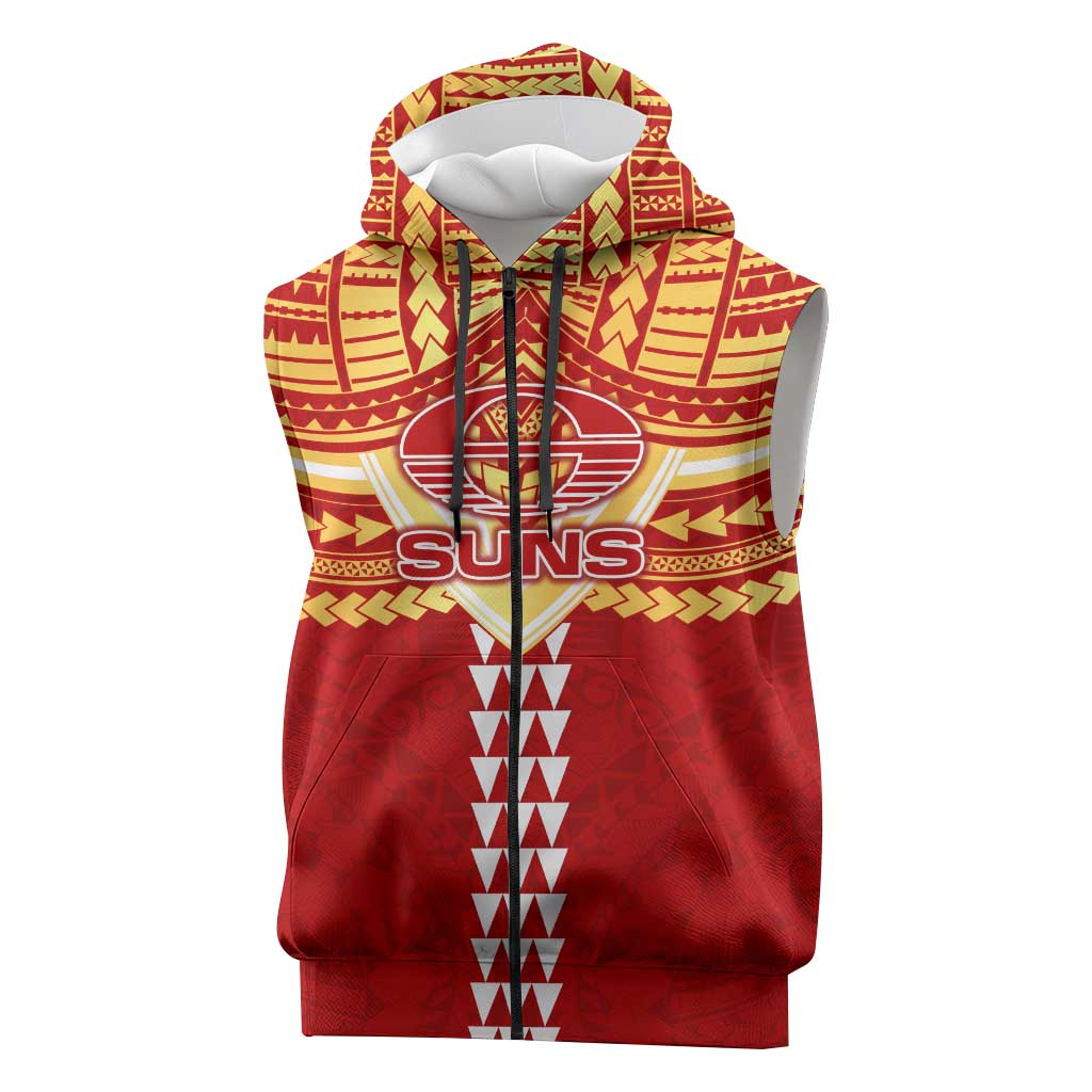 Personalized Gold Coast Suns Sleeveless Zip Hoodie Polynesian Tribal Pattern Heritage Football