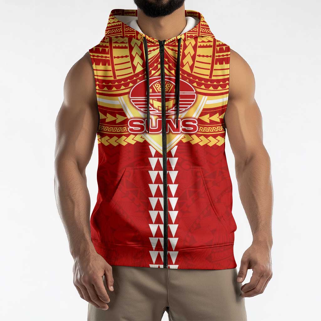 Personalized Gold Coast Suns Sleeveless Zip Hoodie Polynesian Tribal Pattern Heritage Football