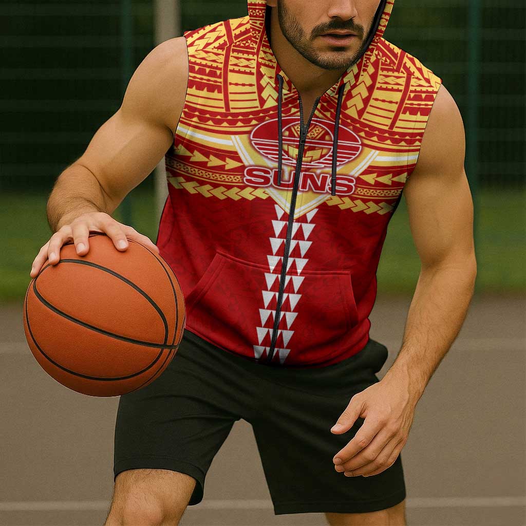 Personalized Gold Coast Suns Sleeveless Zip Hoodie Polynesian Tribal Pattern Heritage Football