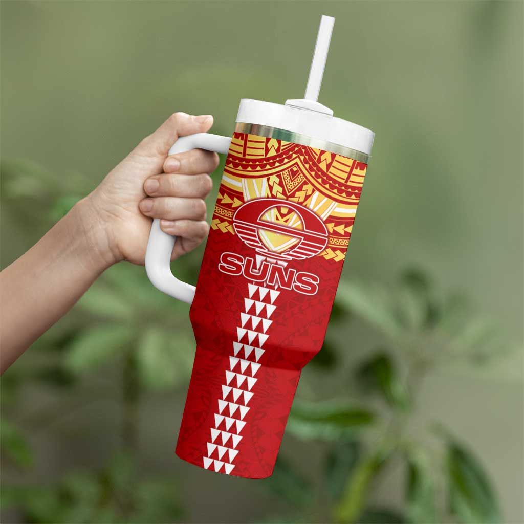 Personalized Gold Coast Suns Tumbler With Handle Polynesian Tribal Pattern Heritage Football