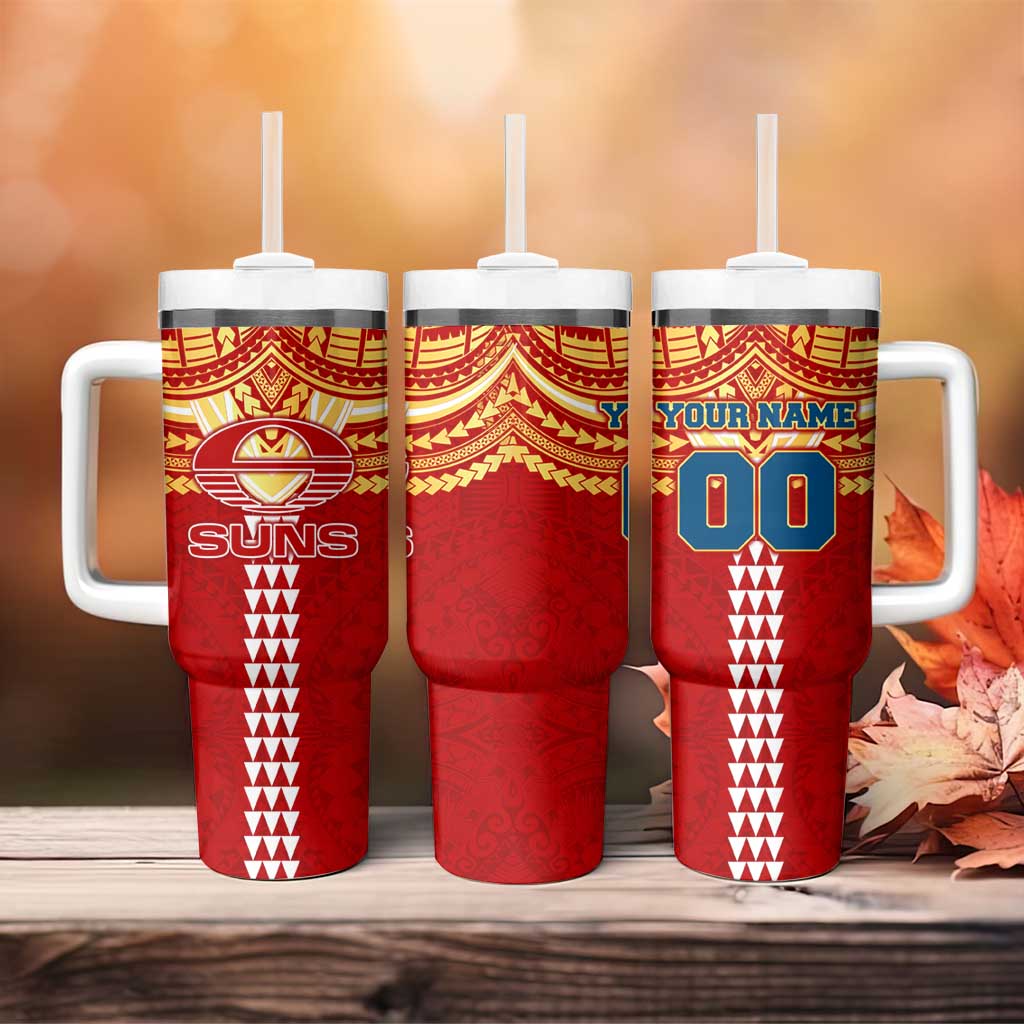 Personalized Gold Coast Suns Tumbler With Handle Polynesian Tribal Pattern Heritage Football