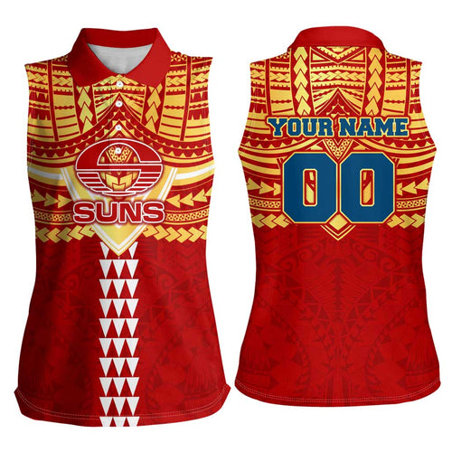 Personalized Gold Coast Suns Women Sleeveless Polo Shirt Polynesian Tribal Pattern Heritage Football