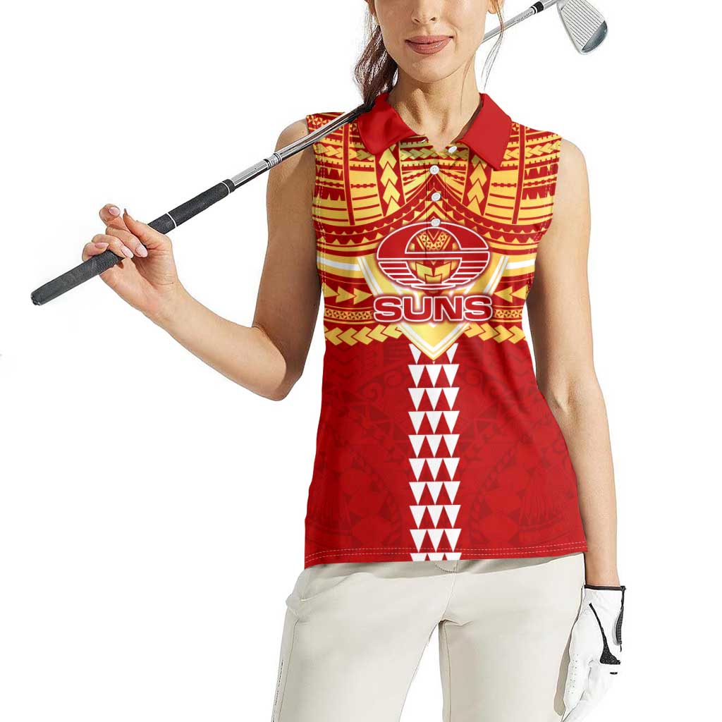 Personalized Gold Coast Suns Women Sleeveless Polo Shirt Polynesian Tribal Pattern Heritage Football