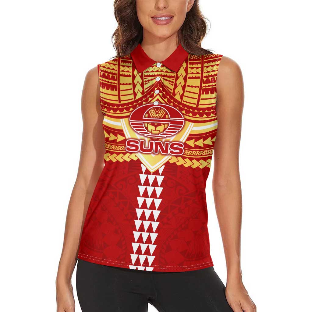 Personalized Gold Coast Suns Women Sleeveless Polo Shirt Polynesian Tribal Pattern Heritage Football