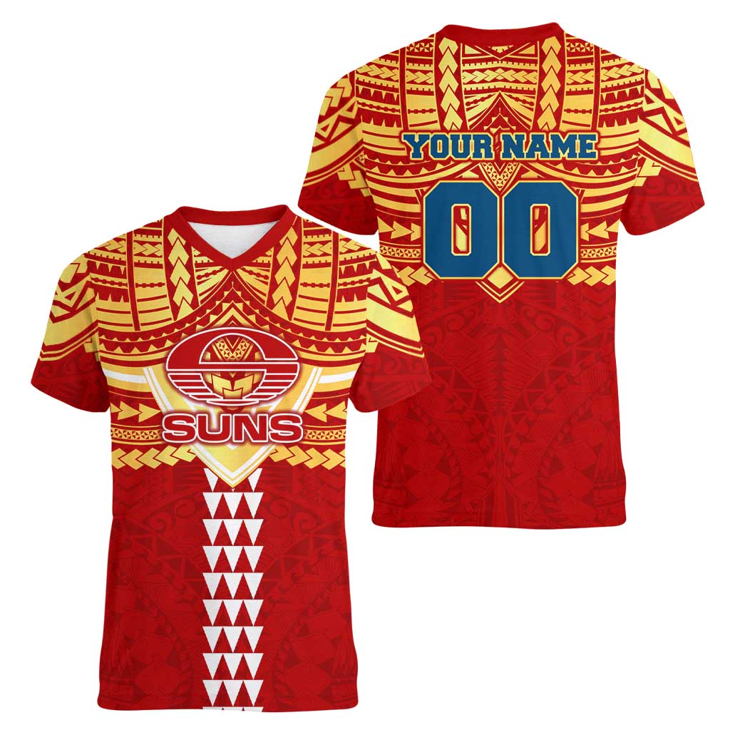 Personalized Gold Coast Suns Women V-Neck T-Shirt Polynesian Tribal Pattern Heritage Football