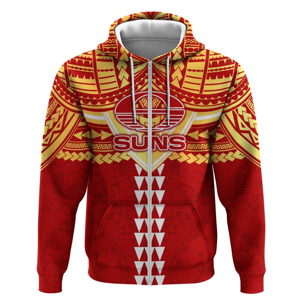 Personalized Gold Coast Suns Zip Hoodie Polynesian Tribal Pattern Heritage Football