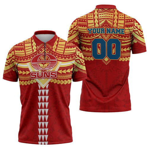 Personalized Gold Coast Suns Zipper Polo Shirt Polynesian Tribal Pattern Heritage Football