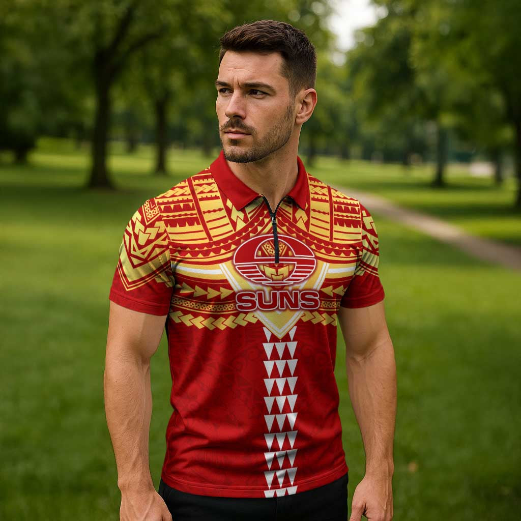 Personalized Gold Coast Suns Zipper Polo Shirt Polynesian Tribal Pattern Heritage Football
