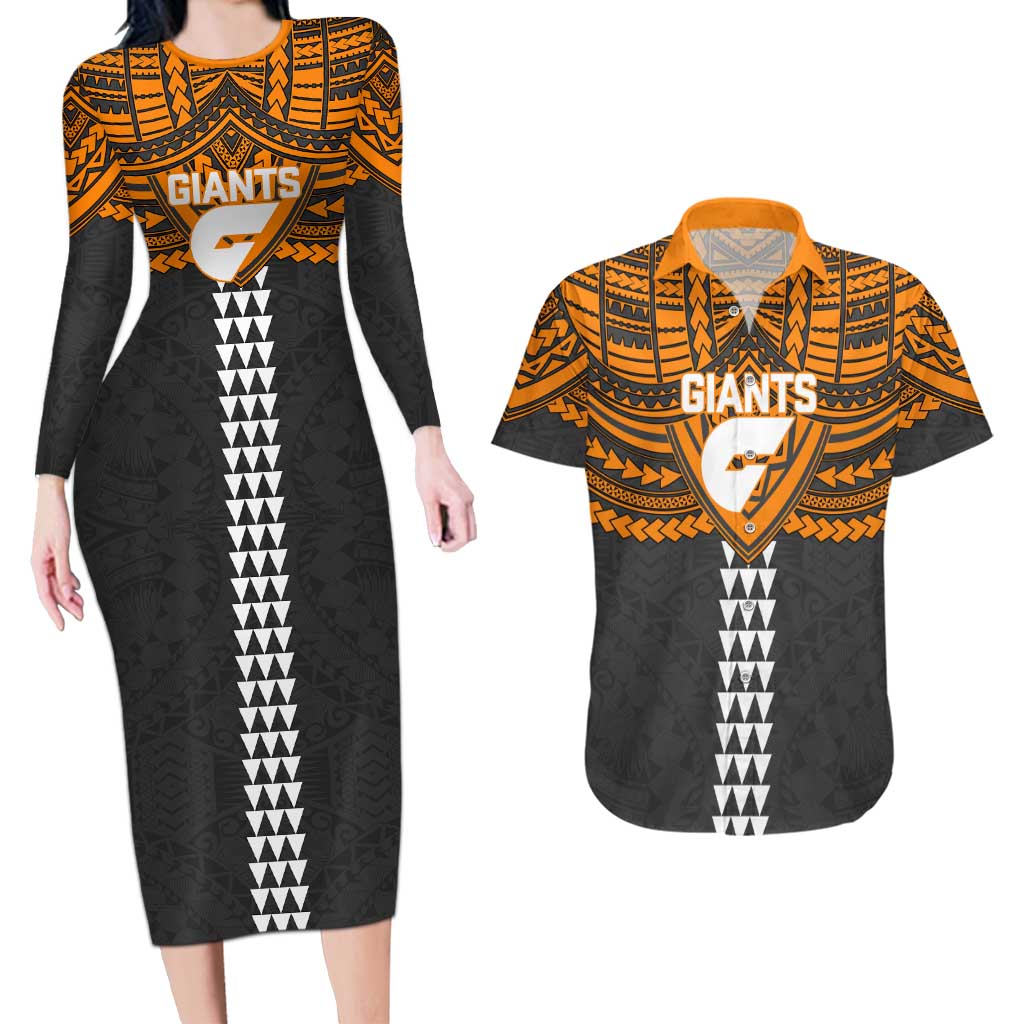 Personalized GWS Giants Couples Matching Long Sleeve Bodycon Dress and Hawaiian Shirt Polynesian Tribal Pattern Heritage Football
