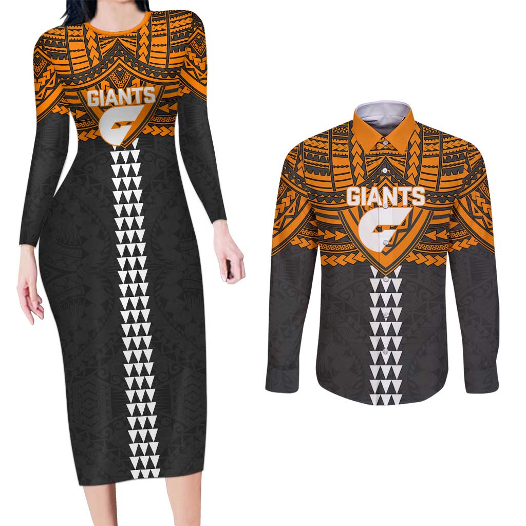 Personalized GWS Giants Couples Matching Long Sleeve Bodycon Dress and Long Sleeve Button Shirt Polynesian Tribal Pattern Heritage Football