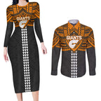 Personalized GWS Giants Couples Matching Long Sleeve Bodycon Dress and Long Sleeve Button Shirt Polynesian Tribal Pattern Heritage Football