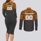 Personalized GWS Giants Couples Matching Long Sleeve Bodycon Dress and Long Sleeve Button Shirt Polynesian Tribal Pattern Heritage Football