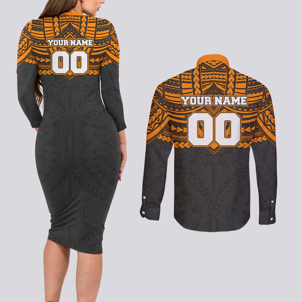 Personalized GWS Giants Couples Matching Long Sleeve Bodycon Dress and Long Sleeve Button Shirt Polynesian Tribal Pattern Heritage Football