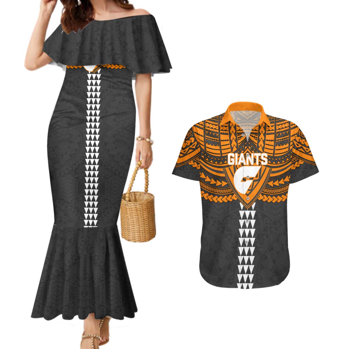 Personalized GWS Giants Couples Matching Mermaid Dress and Hawaiian Shirt Polynesian Tribal Pattern Heritage Football