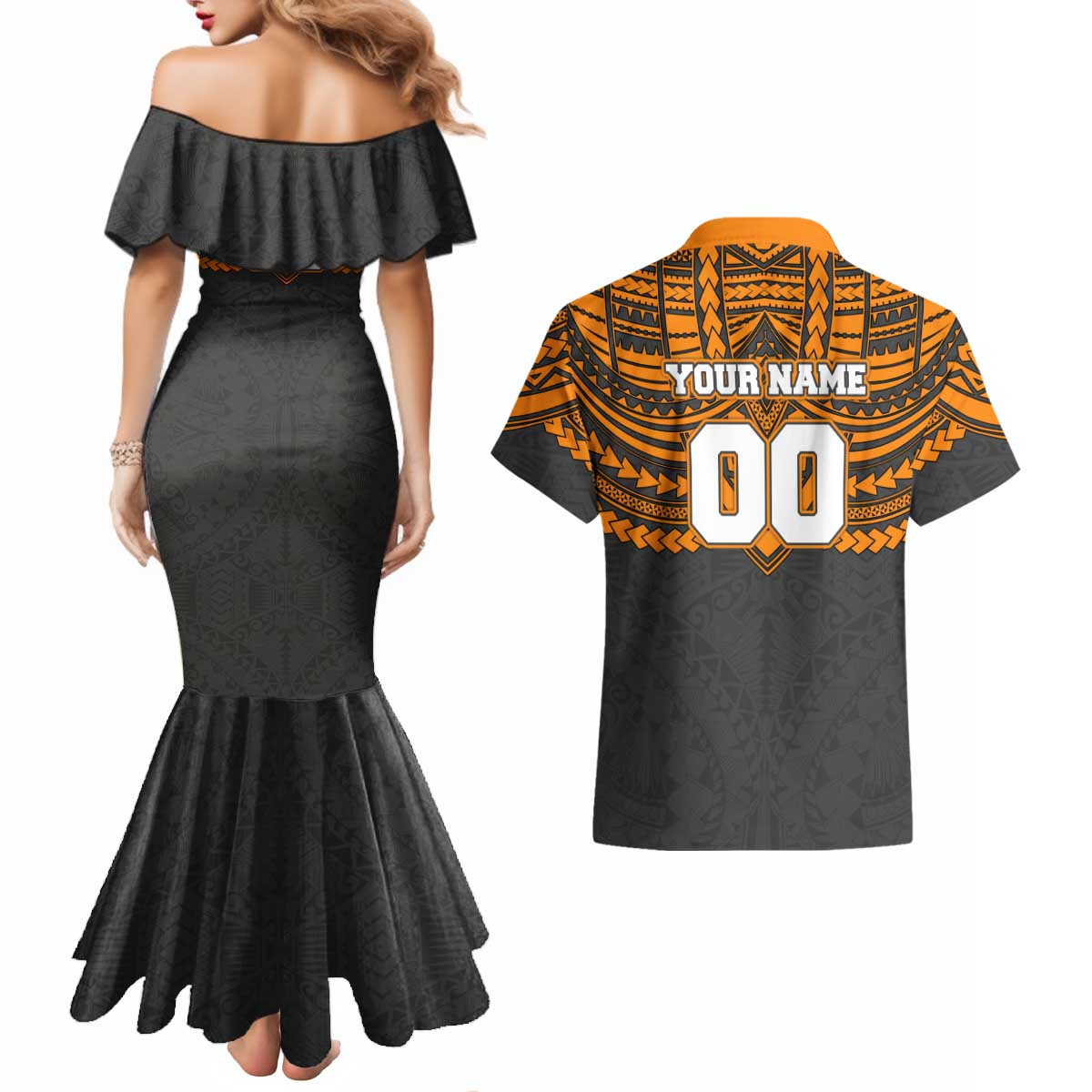 Personalized GWS Giants Couples Matching Mermaid Dress and Hawaiian Shirt Polynesian Tribal Pattern Heritage Football