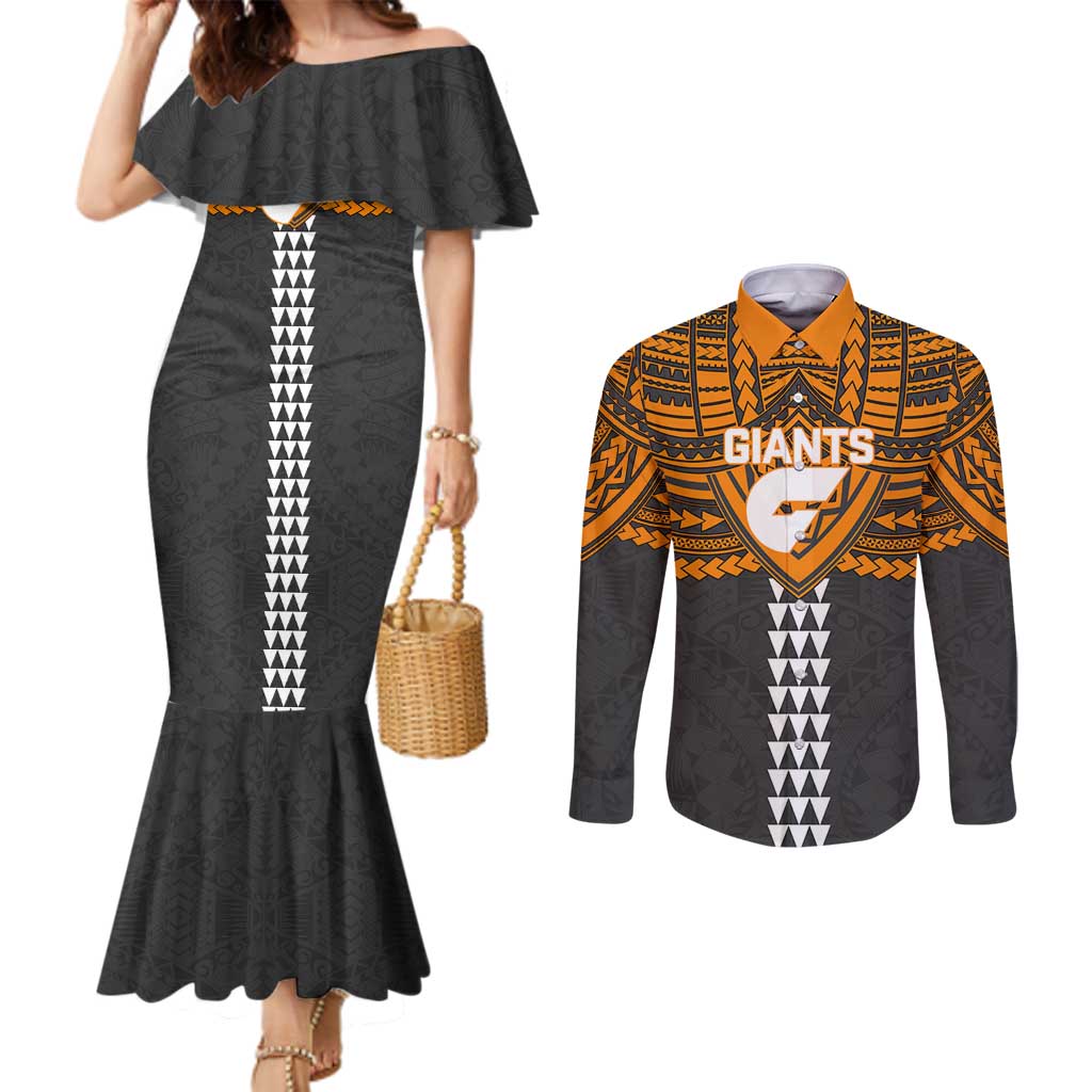 Personalized GWS Giants Couples Matching Mermaid Dress and Long Sleeve Button Shirt Polynesian Tribal Pattern Heritage Football