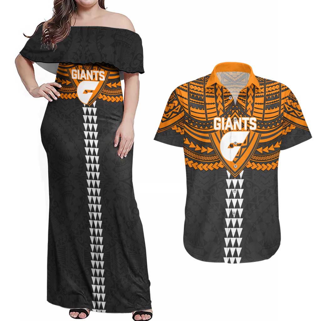Personalized GWS Giants Couples Matching Off Shoulder Maxi Dress and Hawaiian Shirt Polynesian Tribal Pattern Heritage Football