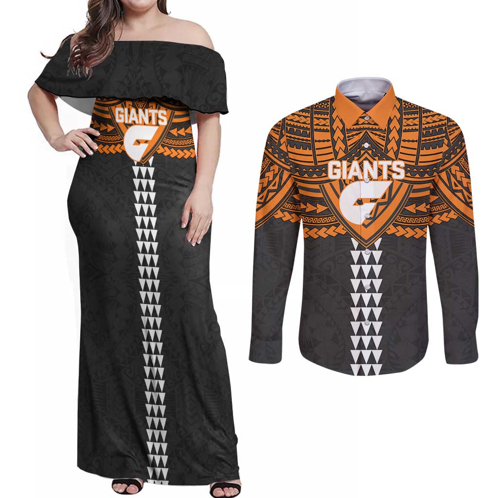 Personalized GWS Giants Couples Matching Off Shoulder Maxi Dress and Long Sleeve Button Shirt Polynesian Tribal Pattern Heritage Football