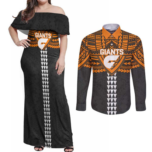 Personalized GWS Giants Couples Matching Off Shoulder Maxi Dress and Long Sleeve Button Shirt Polynesian Tribal Pattern Heritage Football