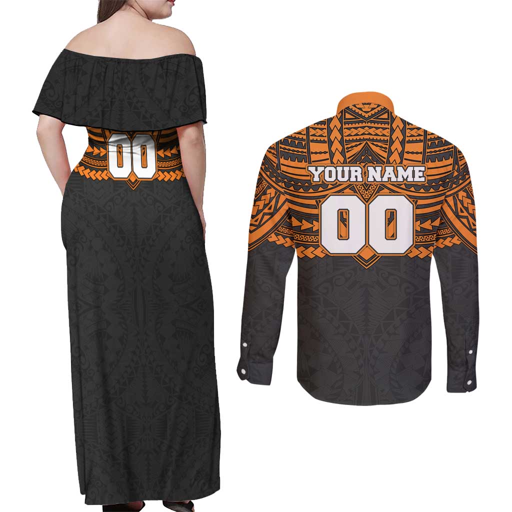 Personalized GWS Giants Couples Matching Off Shoulder Maxi Dress and Long Sleeve Button Shirt Polynesian Tribal Pattern Heritage Football