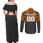 Personalized GWS Giants Couples Matching Off Shoulder Maxi Dress and Long Sleeve Button Shirt Polynesian Tribal Pattern Heritage Football