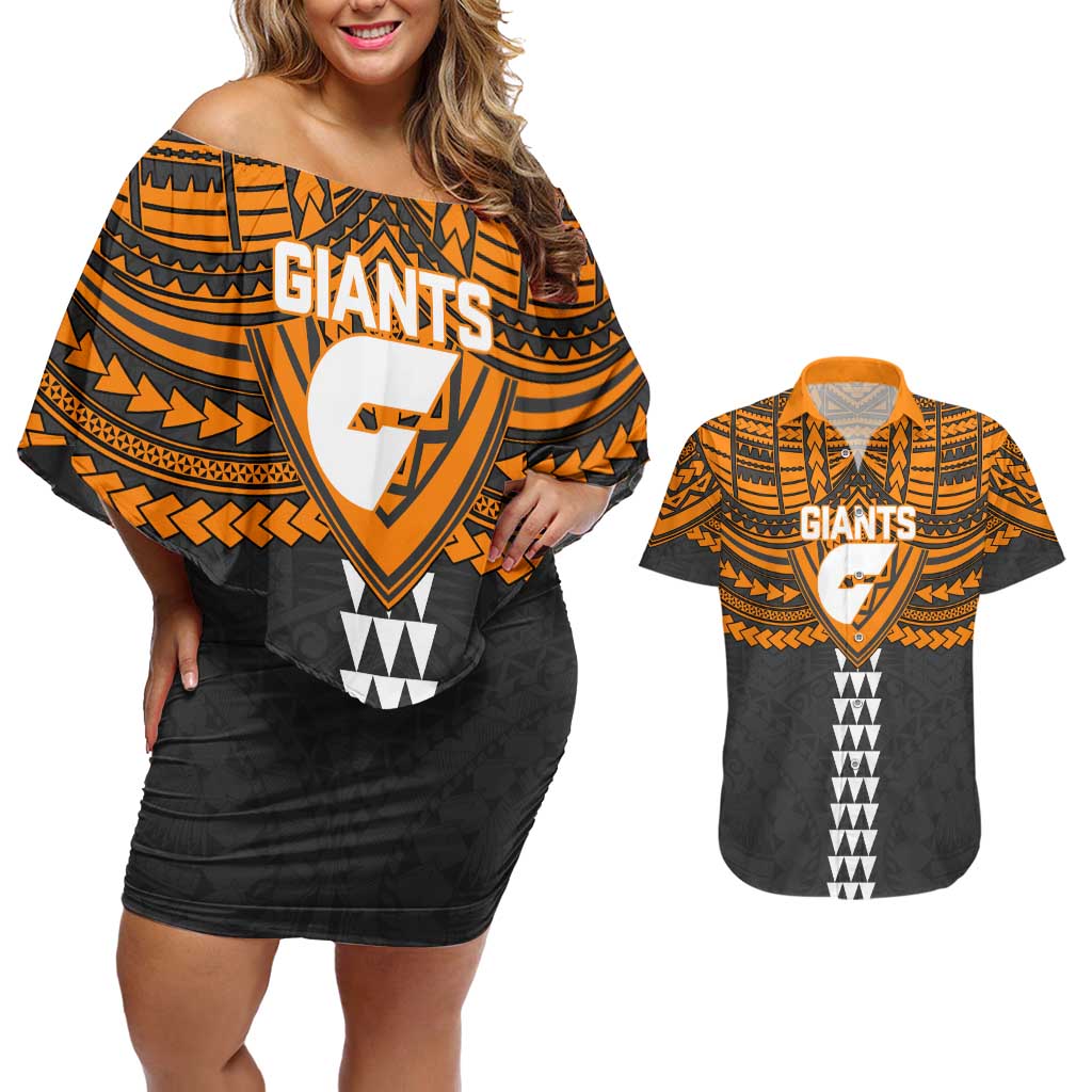 Personalized GWS Giants Couples Matching Off Shoulder Short Dress and Hawaiian Shirt Polynesian Tribal Pattern Heritage Football