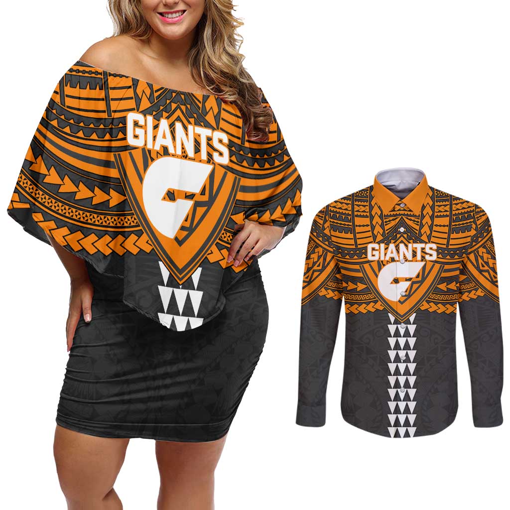 Personalized GWS Giants Couples Matching Off Shoulder Short Dress and Long Sleeve Button Shirt Polynesian Tribal Pattern Heritage Football
