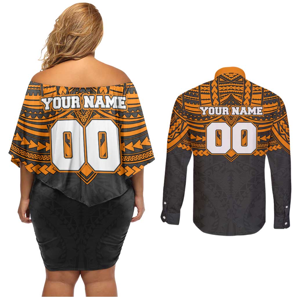 Personalized GWS Giants Couples Matching Off Shoulder Short Dress and Long Sleeve Button Shirt Polynesian Tribal Pattern Heritage Football