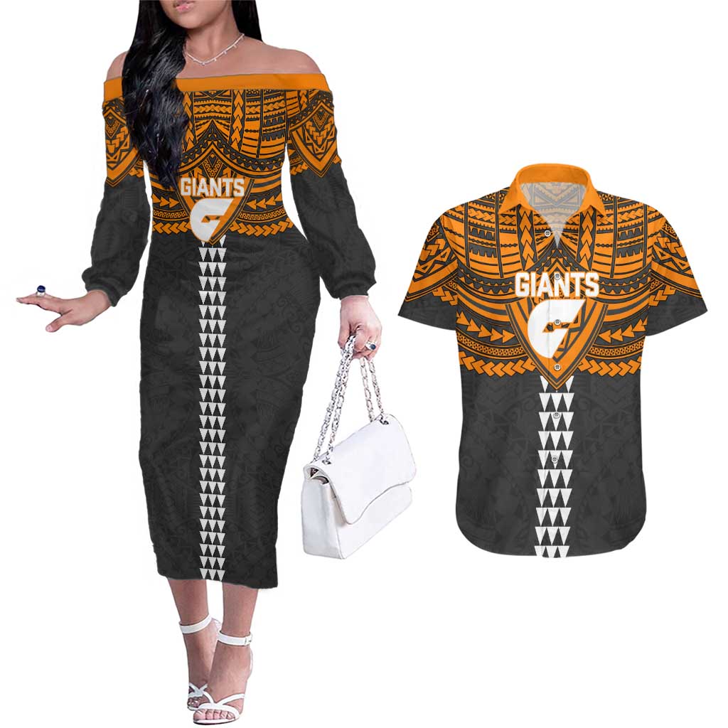 Personalized GWS Giants Couples Matching Off The Shoulder Long Sleeve Dress and Hawaiian Shirt Polynesian Tribal Pattern Heritage Football