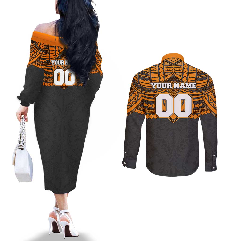 Personalized GWS Giants Couples Matching Off The Shoulder Long Sleeve Dress and Long Sleeve Button Shirt Polynesian Tribal Pattern Heritage Football