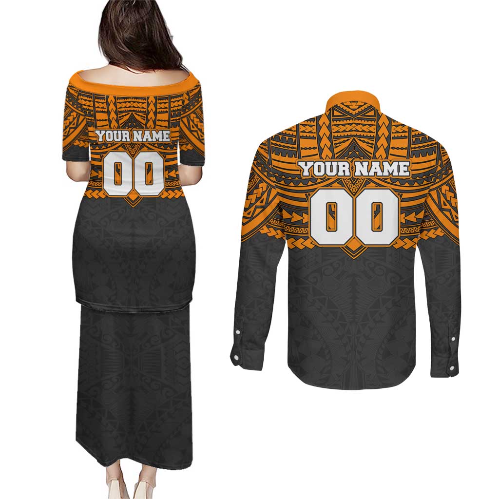 Personalized GWS Giants Couples Matching Puletasi and Long Sleeve Button Shirt Polynesian Tribal Pattern Heritage Football